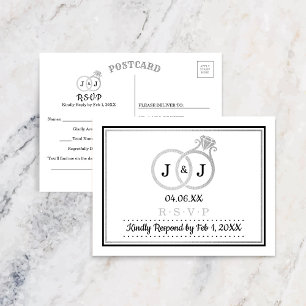 Chic Faux Silver Foil Monogram Wedding Rings RSVP Invitation Postcard