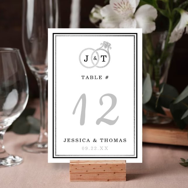 Chic Faux Silver Foil Monogram Wedding Rings Table Number (Creator Uploaded)
