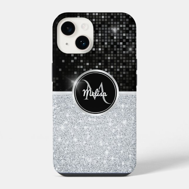 Chic faux Silver Glitter Black Glitter Monogram  iPhone Case (Back)