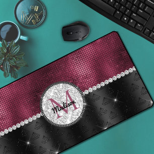 Chic faux Silver Glitter Burgundy Black monogram Desk Mat