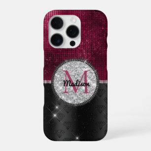 Chic faux Silver Glitter Burgundy Black monogram iPhone 16 Pro Case