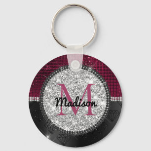 Chic faux Silver Glitter Burgundy Black monogram Key Ring
