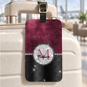 Chic faux Silver Glitter Burgundy Black monogram Luggage Tag