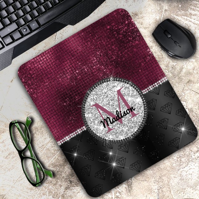 Chic faux Silver Glitter Burgundy Black monogram Mouse Mat (Creator Uploaded)