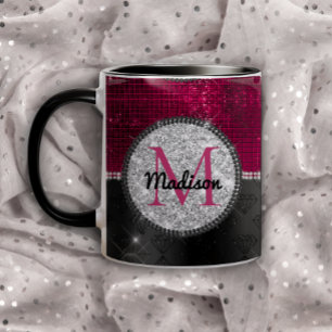 Chic faux Silver Glitter Burgundy Black monogram Mug