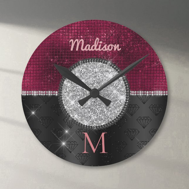 Chic faux Silver Glitter Burgundy Black monogram Round Clock (Creator Uploaded)