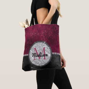 Chic faux Silver Glitter Burgundy Black monogram Tote Bag