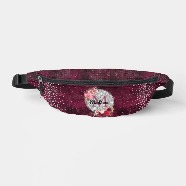 Chic faux Silver Glitter Burgundy Floral monogram Bum Bags (Front)