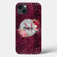 Chic faux Silver Glitter Burgundy Floral monogram