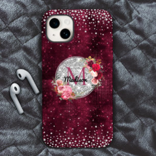 Chic faux Silver Glitter Burgundy Floral monogram Case-Mate iPhone 14 Case
