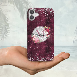 Chic faux Silver Glitter Burgundy Floral monogram iPhone 16 Case