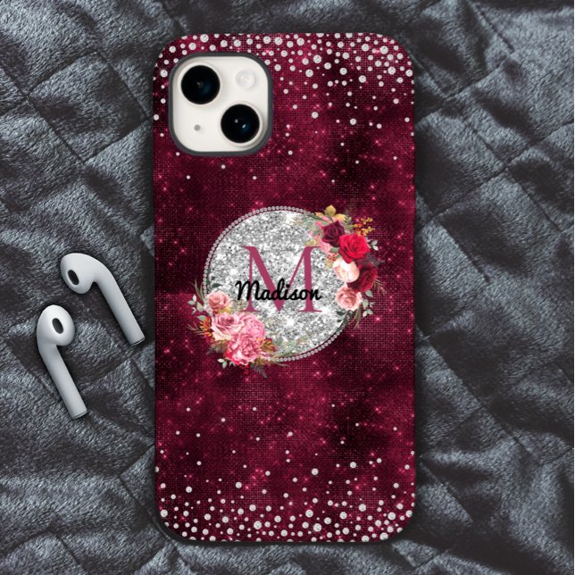 Chic faux Silver Glitter Burgundy Floral monogram Case-Mate iPhone Case (Creator Uploaded)