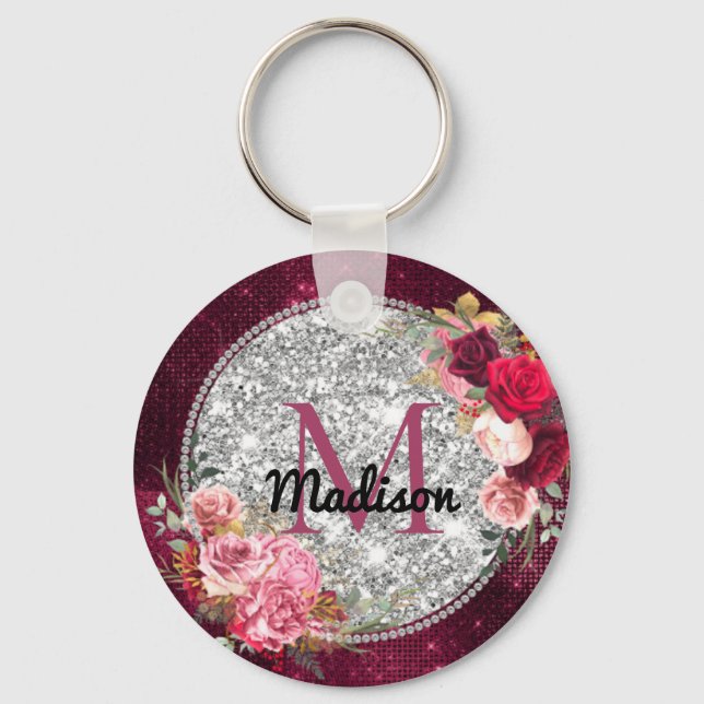 Chic faux Silver Glitter Burgundy Floral monogram Key Ring (Front)