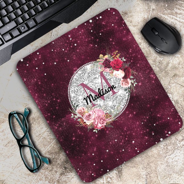 Chic faux Silver Glitter Burgundy Floral monogram Mouse Mat (Creator Uploaded)