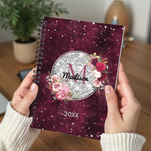 Chic faux Silver Glitter Burgundy Floral monogram Planner