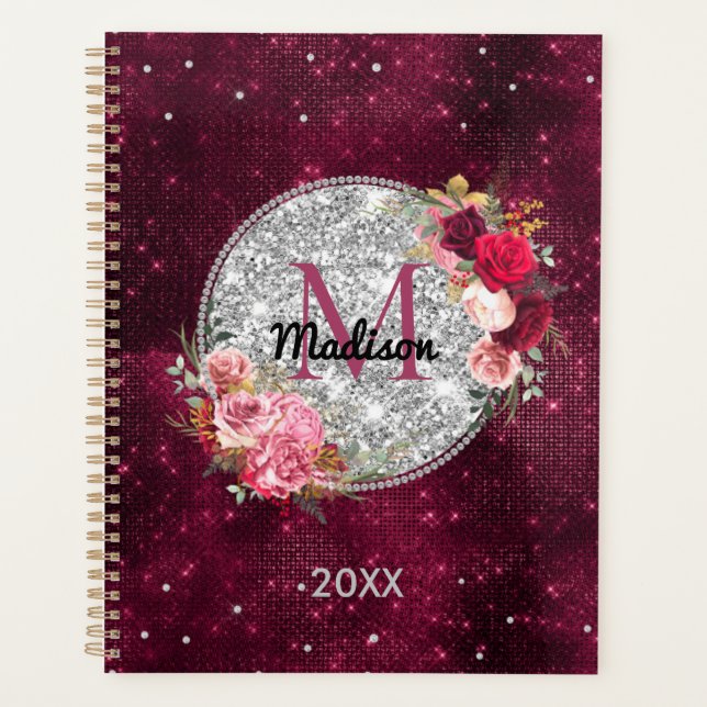 Chic faux Silver Glitter Burgundy Floral monogram Planner (Front)