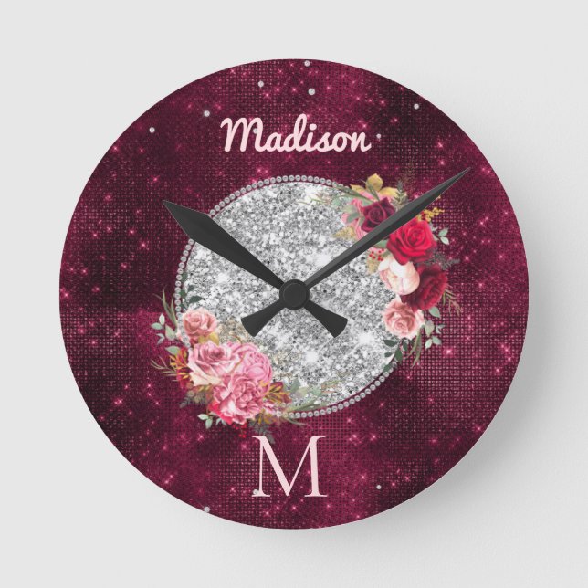 Chic faux Silver Glitter Burgundy Floral monogram Round Clock (Front)
