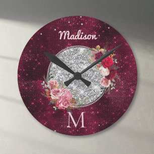 Chic faux Silver Glitter Burgundy Floral monogram Round Clock
