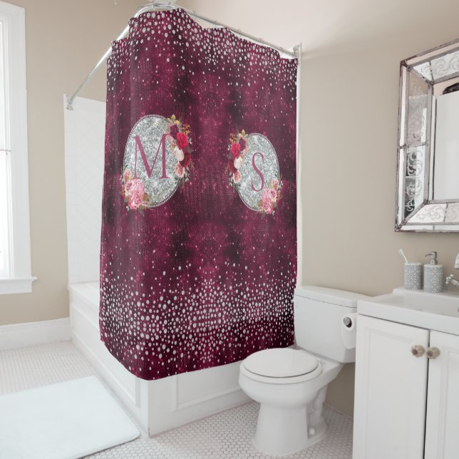 Chic faux Silver Glitter Burgundy Floral monogram Shower Curtain (In Situ)