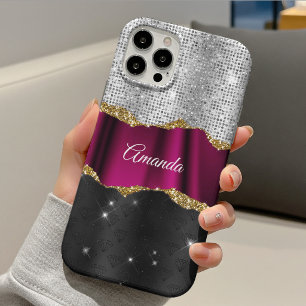 Chic faux silver glitter Fuchsia black monogram iPhone 13 Case