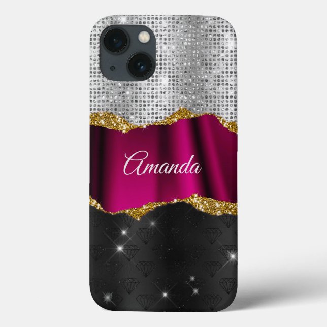 Chic faux silver glitter Fuchsia black monogram Case-Mate iPhone Case (Back)