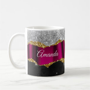 Chic faux silver glitter Fuchsia black monogram Coffee Mug