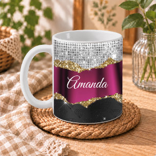 Chic faux silver glitter Fuchsia black monogram Coffee Mug