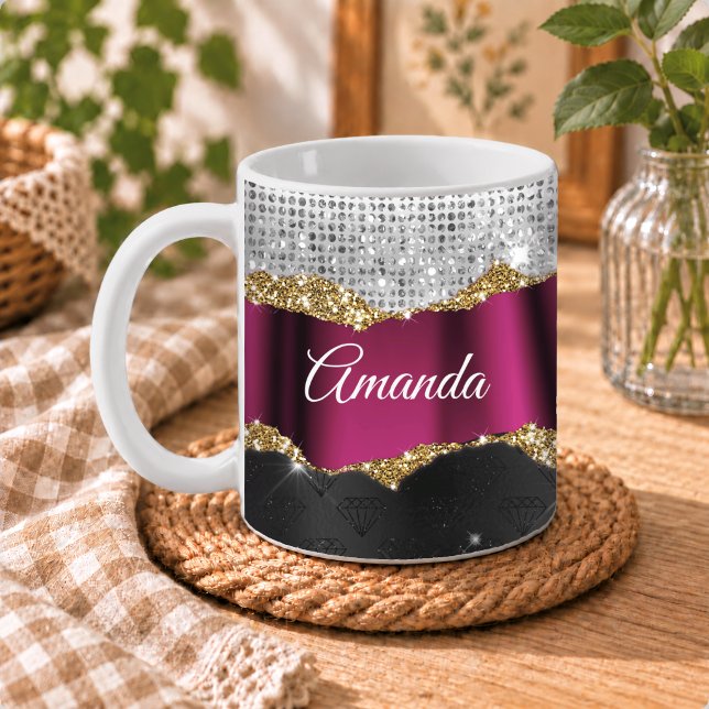 Chic faux silver glitter Fuchsia black monogram Coffee Mug (Creator Uploaded)