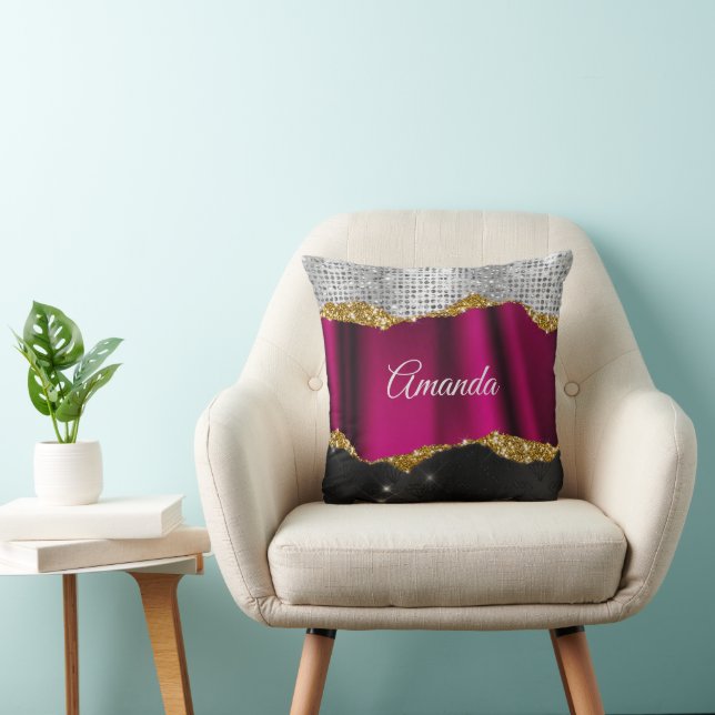 Chic faux silver glitter Fuchsia black monogram Cushion (Chair)