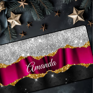 Chic faux silver glitter Fuchsia black monogram Desk Mat