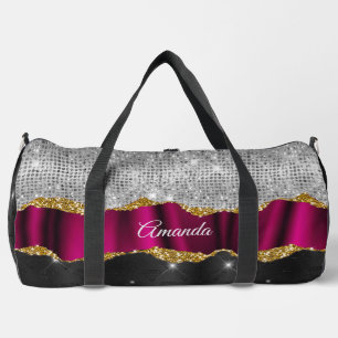 Chic faux silver glitter Fuchsia black monogram Duffle Bag