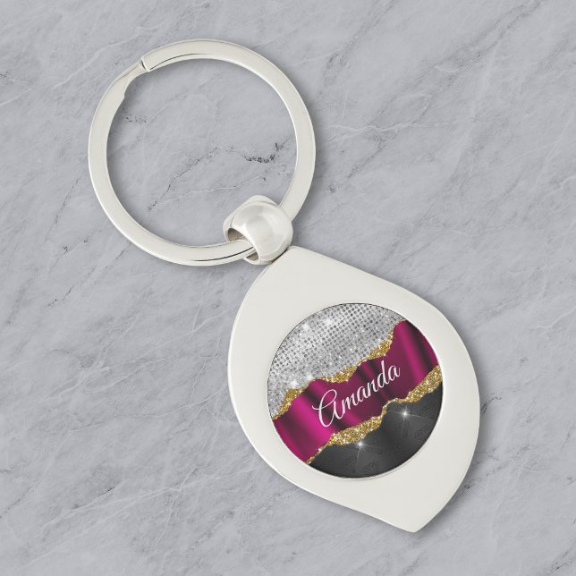Chic faux silver glitter Fuchsia black monogram Key Ring (Creator Uploaded)