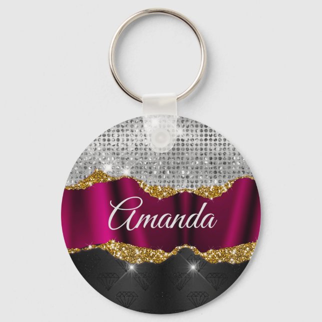 Chic faux silver glitter Fuchsia black monogram Key Ring (Front)