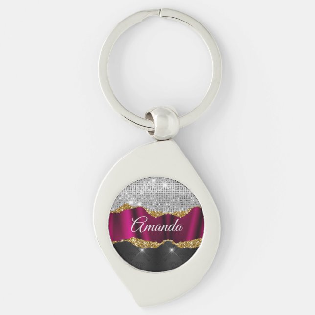 Chic faux silver glitter Fuchsia black monogram Key Ring (Front)