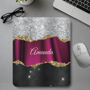 Chic faux silver glitter Fuchsia black monogram Mouse Mat
