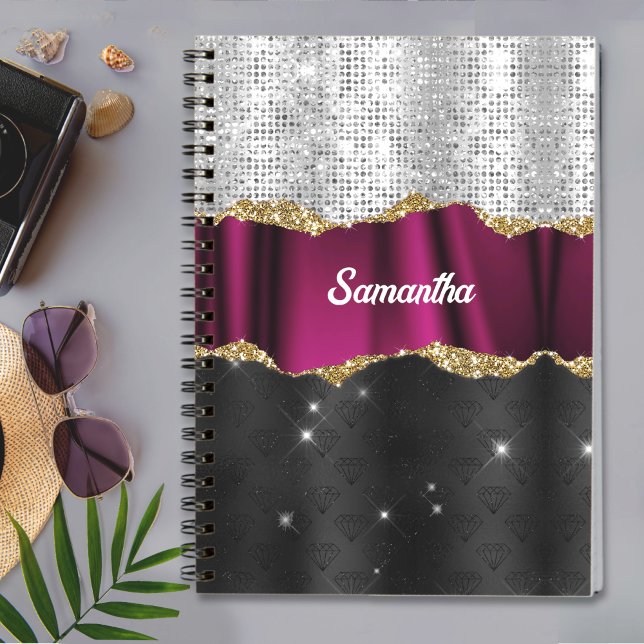 Chic faux silver glitter Fuchsia black monogram Notebook (Creator Uploaded)