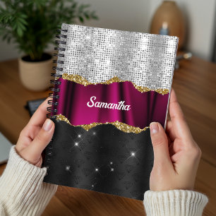 Chic faux silver glitter Fuchsia black monogram Notebook
