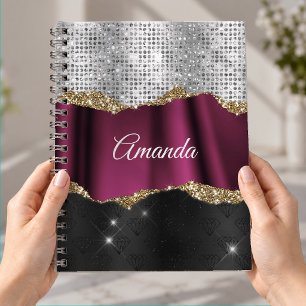 Chic faux silver glitter Fuchsia black monogram Notebook