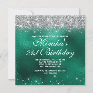 Chic Faux Silver Glitter Monogram Green Foil Ombre Invitation