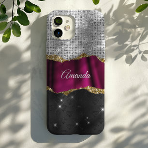 Chic faux silver glitter pink black monogram iPhone 16 pro case