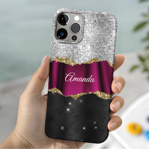 Chic faux silver glitter pink black monogram iPhone 16 pro case