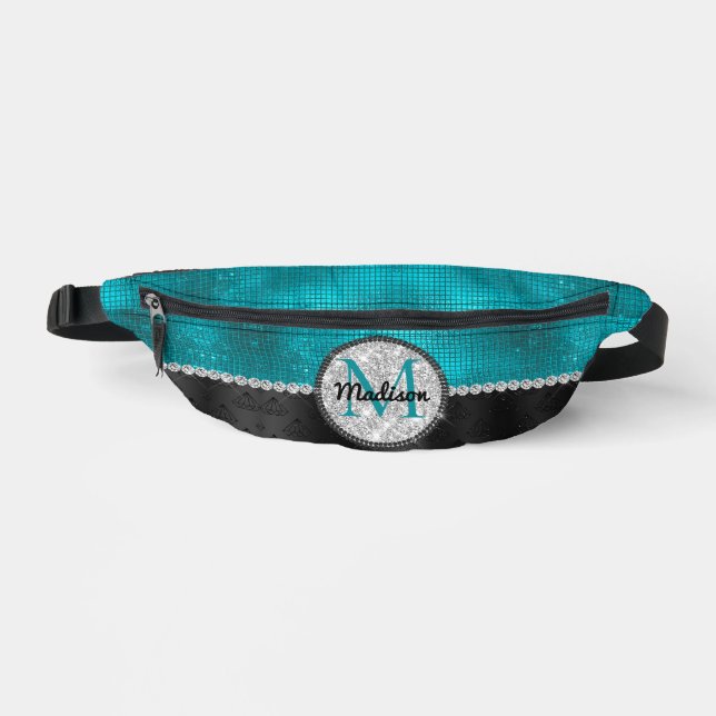 Chic faux Silver Glitter Turquoise Black monogram Bum Bags (Front)