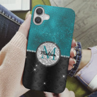 Chic faux Silver Glitter Turquoise Black monogram