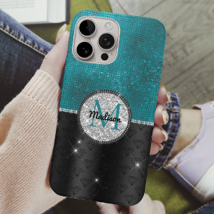 Chic faux Silver Glitter Turquoise Black monogram iPhone 16 Pro Case