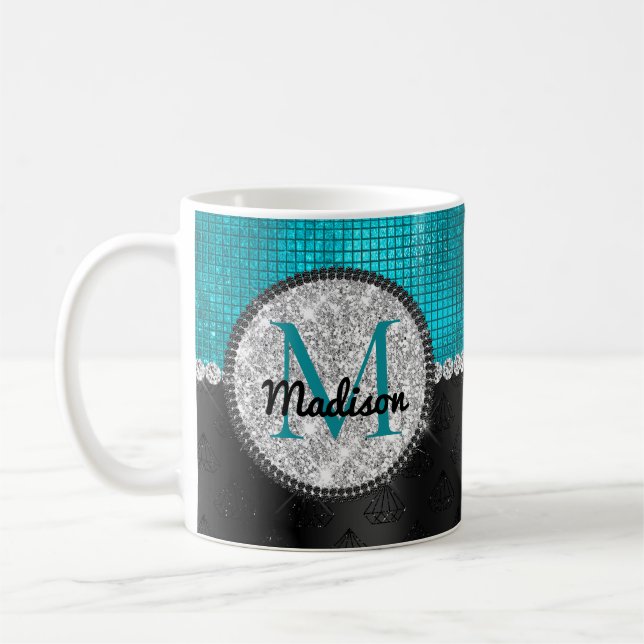 Chic faux Silver Glitter Turquoise Black monogram Coffee Mug (Left)