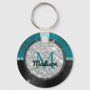 Chic faux Silver Glitter Turquoise Black monogram Key Ring