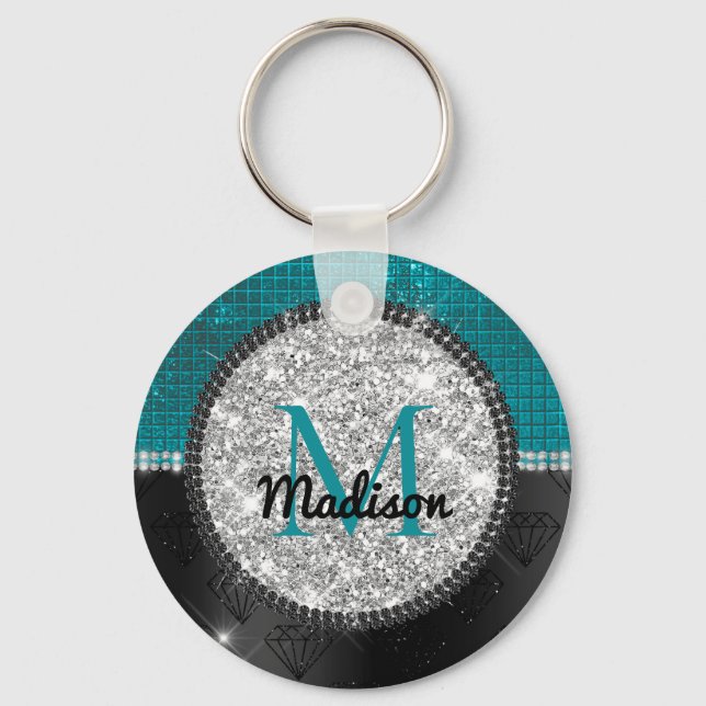 Chic faux Silver Glitter Turquoise Black monogram Key Ring (Front)