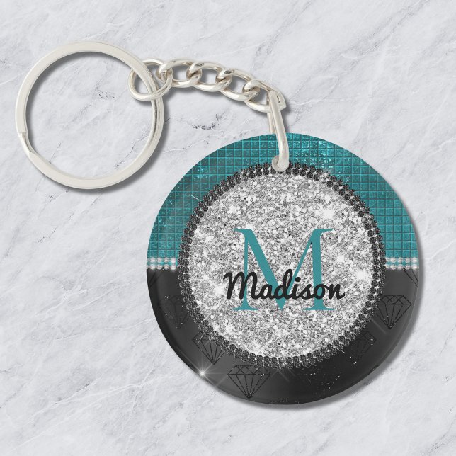 Chic faux Silver Glitter Turquoise Black monogram Key Ring (Creator Uploaded)