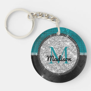 Chic faux Silver Glitter Turquoise Black monogram Key Ring