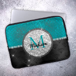 Chic faux Silver Glitter Turquoise Black monogram Laptop Sleeve<br><div class="desc">Pretty chic and elegant girly faux glitter bling in teal turquoise, black and silver to create a special unique stylish Laptop sleeve. Add some style to your office, desk, or personal space with a Chic and stylish custom name and monogram Laptop sleeve.. personalise it with a script name and monogram....</div>